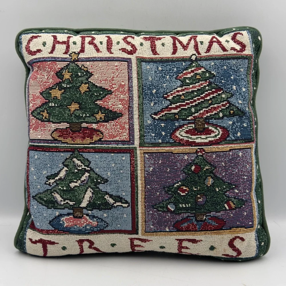 Vintage Christmas Trees Tapestry Pillow Green Woven Holiday Decor 12x12 Retro